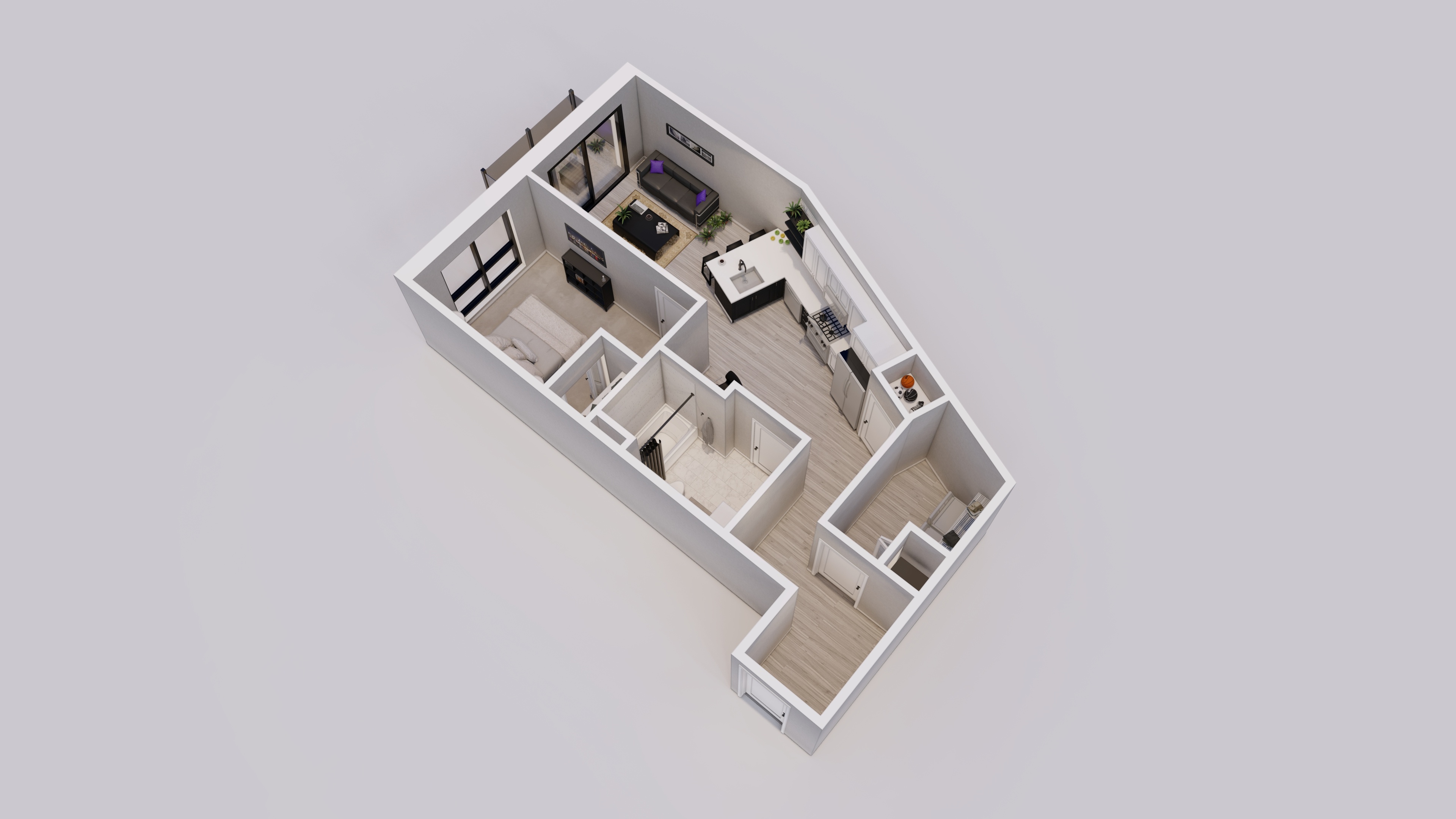 A 3D model of a house with various rooms and furniture.
