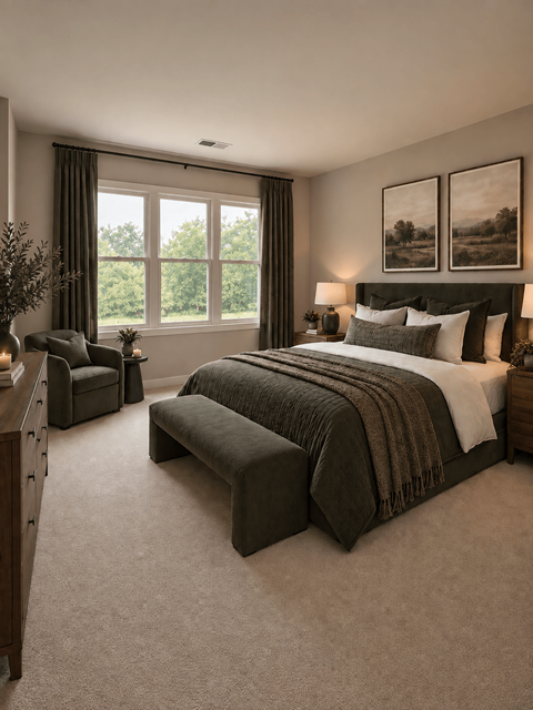 A bedroom with a large bed and a window with curtains.
