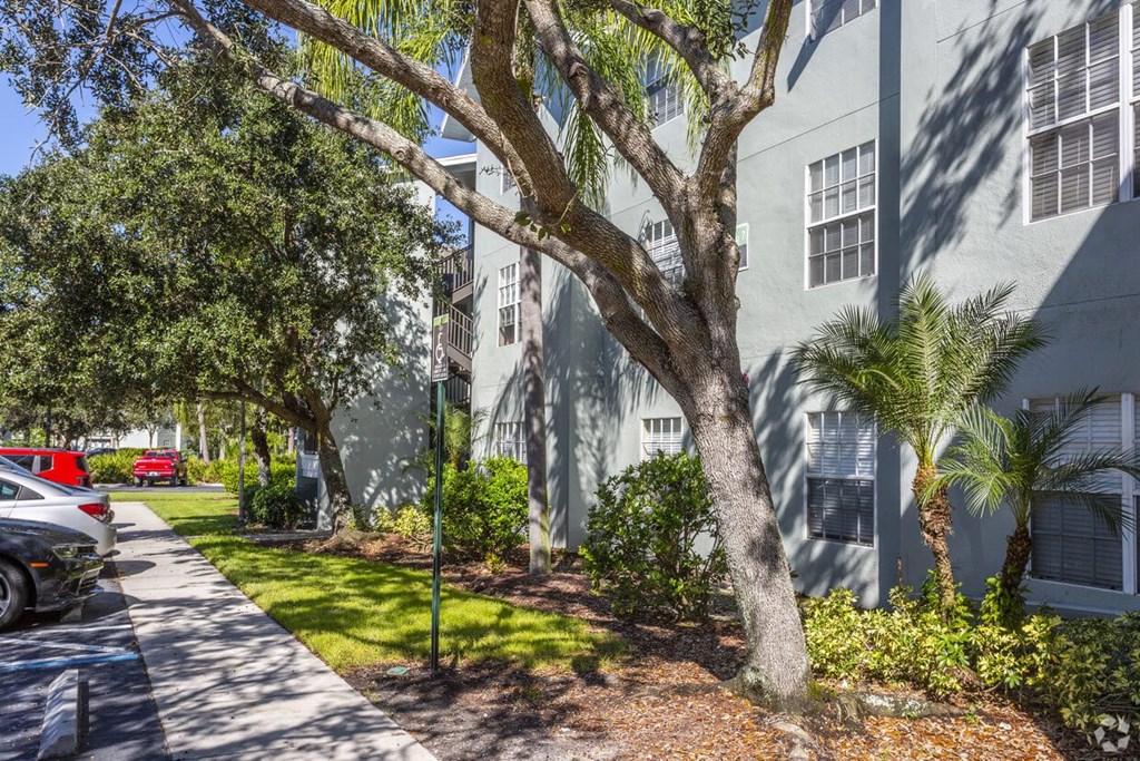 an apartment building with trees and a sidewalk in front of it