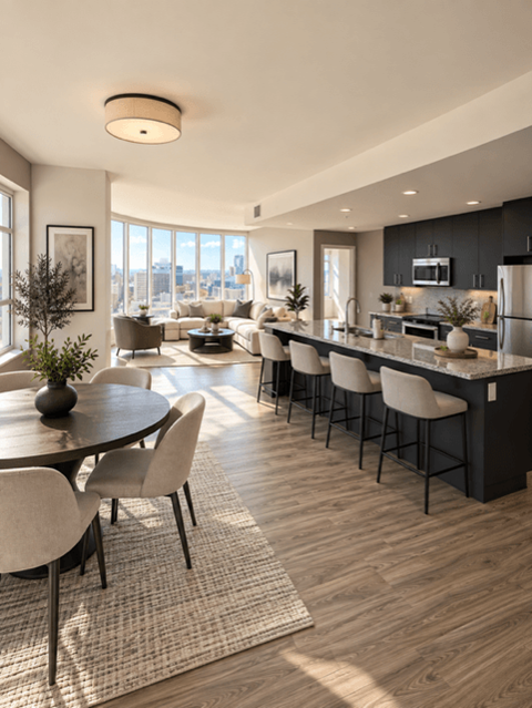 A modern kitchen and dining area with a large window overlooking the city.