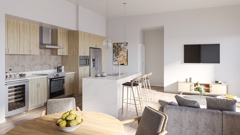 A modern kitchen with a dining table and chairs.