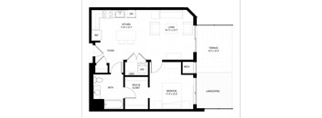 A black and white floor plan of a house with a kitchen, living room, and bathroom.