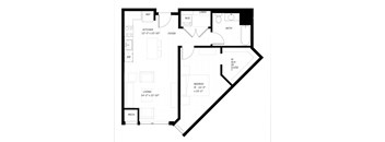 A black and white floor plan of a house with a living room, kitchen, bedroom, and bathroom.