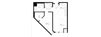 A black and white floor plan of a house with a living room, kitchen, bedroom, and bathroom.