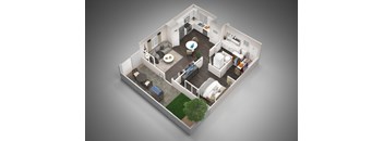 A 3D rendered image of a small apartment layout.
