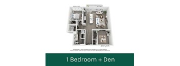 A 1 Bedroom + Den apartment layout with a living room, kitchen, and bathroom.