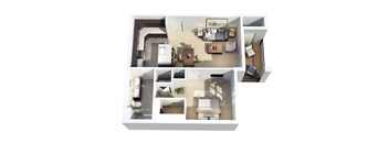 A 3D floor plan of a small apartment with a kitchen, living room, and bathroom.