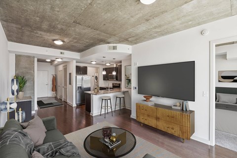 A modern living room with a grey couch and a black television.