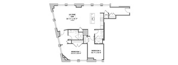 A floor plan of a small apartment with two bedrooms and a living/dining area.