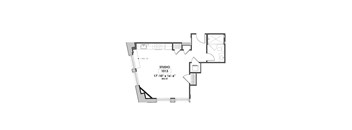 A floor plan of a studio apartment with dimensions and measurements.