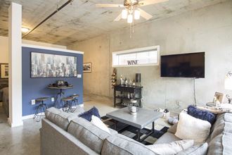 a living room with a gray couch and a blue wall