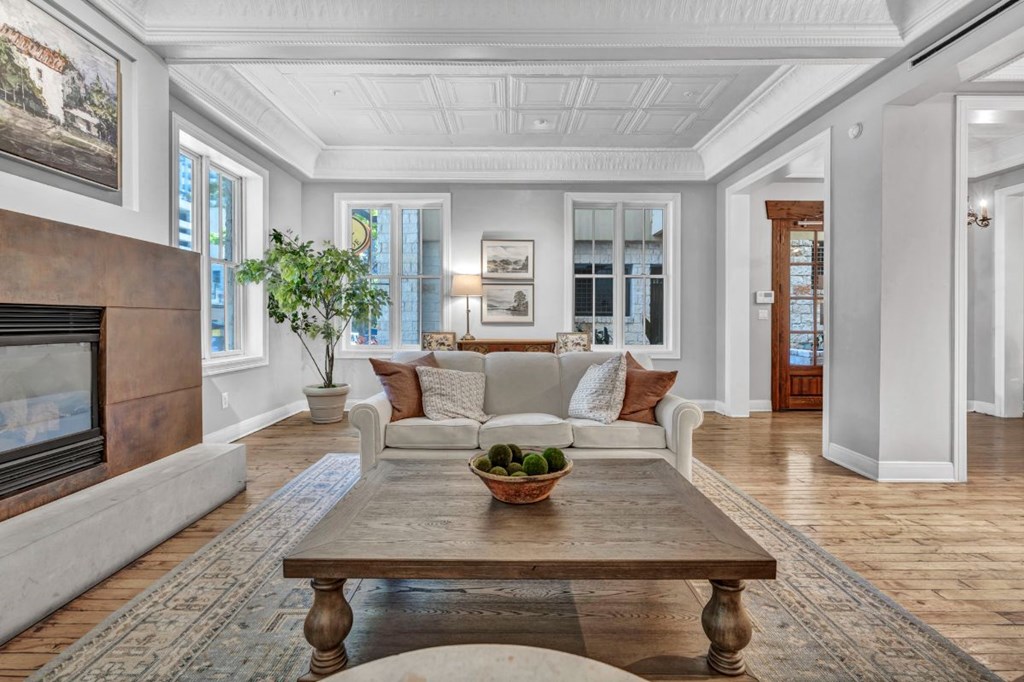 a living room with a couch and a table