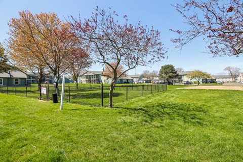 St. Vincent Greenbriar, Indianapolis, IN, Apartments - The Jameson - An Outdoor Fenced-In Dog Park in a Large Grassy Area with Trees and a Pet-Waste Station.