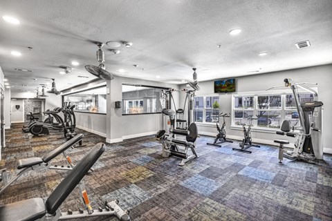 the gym at the landing at pullman apartments in pullman