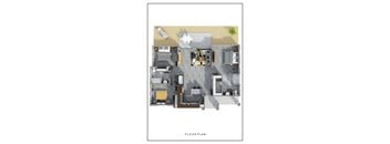 A floor plan of a house with a kitchen, living room, and two bedrooms.