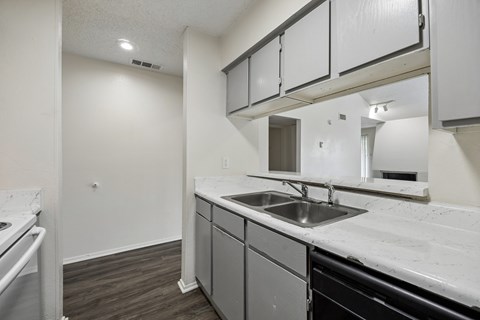 A kitchen with a sink and a stove top oven.
