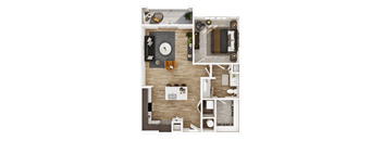 A top-down view of a small apartment with a kitchen, living room, and bathroom.