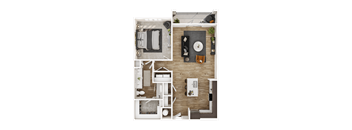 A top-down view of a house layout with a living room, dining area, kitchen, and bathroom.