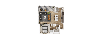 A top-down view of a living room, kitchen, and dining area.