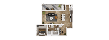 A top-down view of a modern apartment layout with a living room, kitchen, and bedroom.