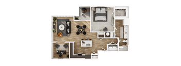 A top-down view of a small apartment layout with a living room, kitchen, and bedroom.