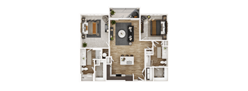A top-down view of a house layout with a central living area, bedrooms, and bathrooms.