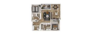 A top-down view of a house layout with a living room, kitchen, dining area, and bedrooms.
