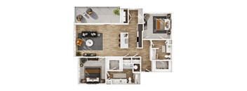 A top-down view of a living room, kitchen, and dining area.