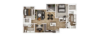 A top-down view of a house layout with various rooms and furniture.