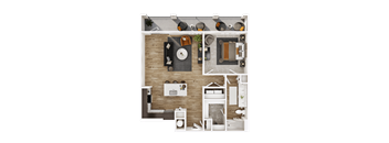 A top-down view of a small apartment with a kitchen, living room, and bedroom.