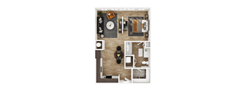 A top-down view of a well-organized living space with a kitchen, dining area, and bathroom.