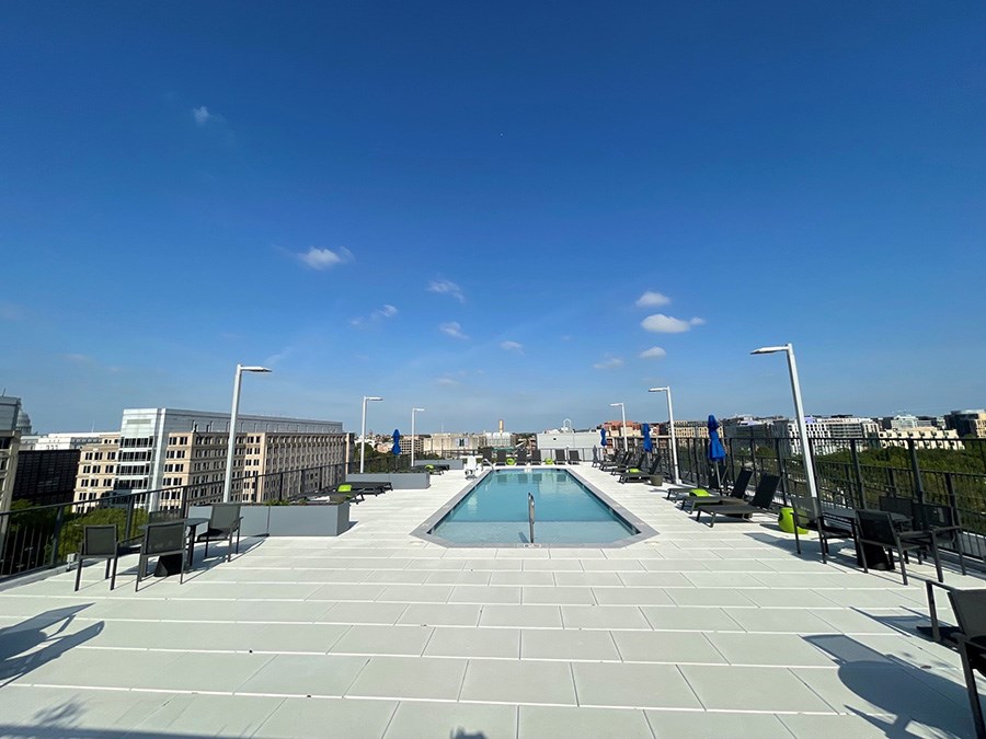 a swimming pool on the roof of a building