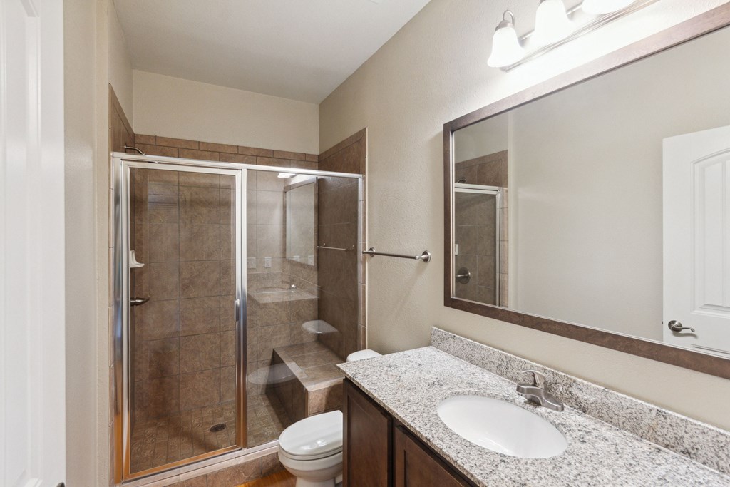 a bathroom with a shower toilet and sink
