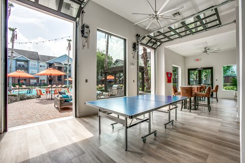 a ping pong table in the center of a living room with a large patio