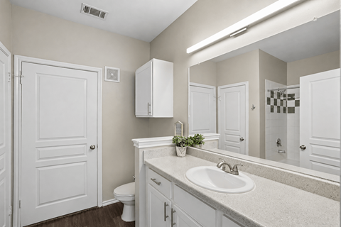 A bathroom with a white sink and a white toilet.