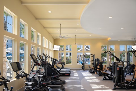 a gym with cardio machines and windows in a building