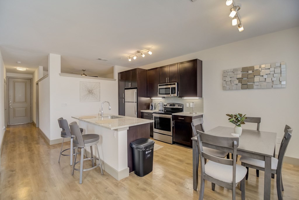 a kitchen and dining area