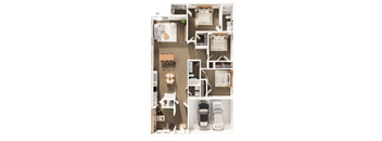 a floor plan of a two bedroom apartment with two cars and a balcony