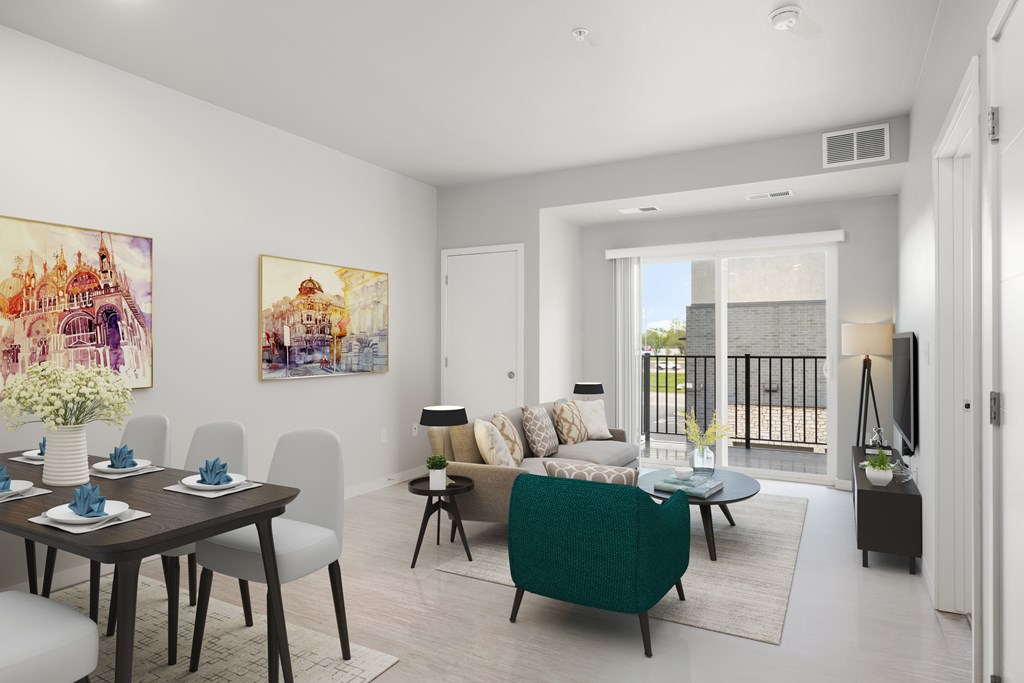 Apartments for Rent in Lakeville MN - Lakeside Flats - Living Room Area, with Plank Wood Flooring, Light Grey Walls, Closet, and Balcony Access, with Large Windows