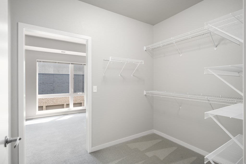 Spacious closet in a white room with a window