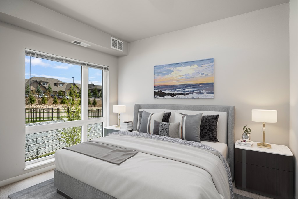 Two BR Apartments in Lakeville MN - Lakeside Flats - Carpetted Bedroom, Unfurnished, with Light Grey Walls, Large Windows, and Overhead Lighting