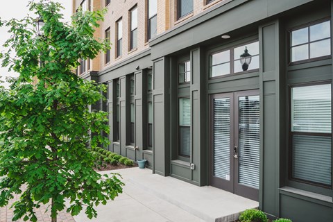 A tree is in front of a building.