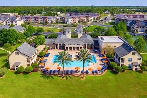 A large swimming pool surrounded by palm trees and lounge chairs in the middle of a grassy area.