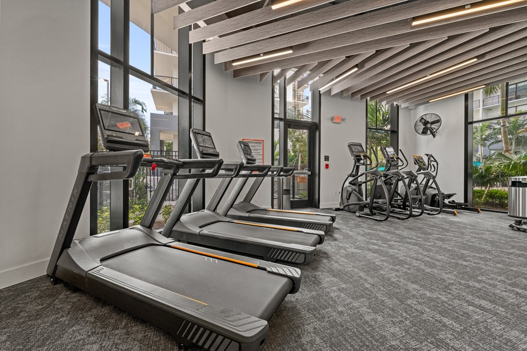 A gym with treadmills and exercise bikes.