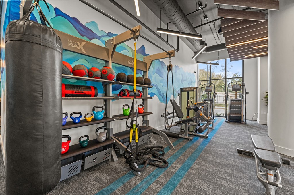 A gym with a punching bag, weights, and exercise equipment.