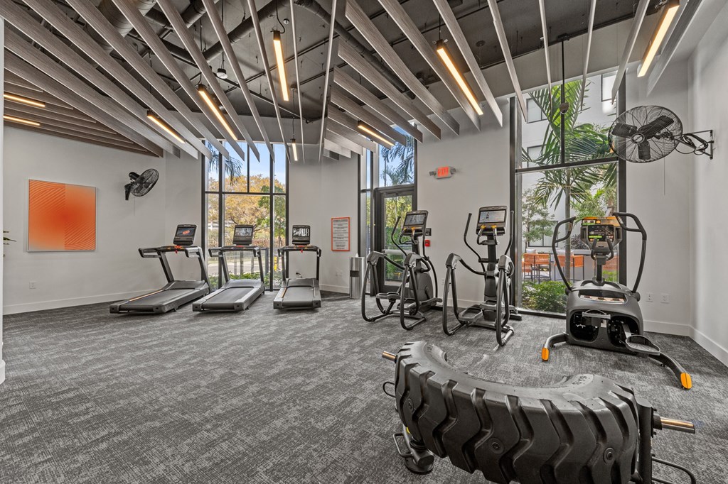 A gym with treadmills, exercise bikes, and other equipment.