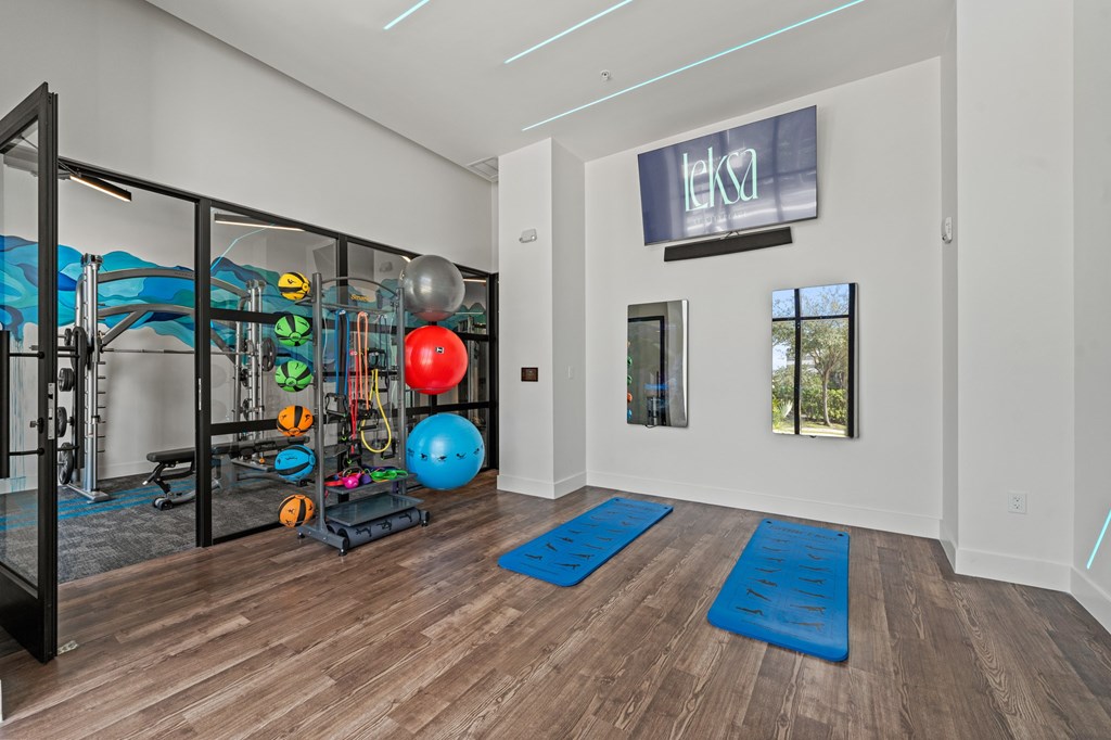 A gym room with a blue mat on the floor.