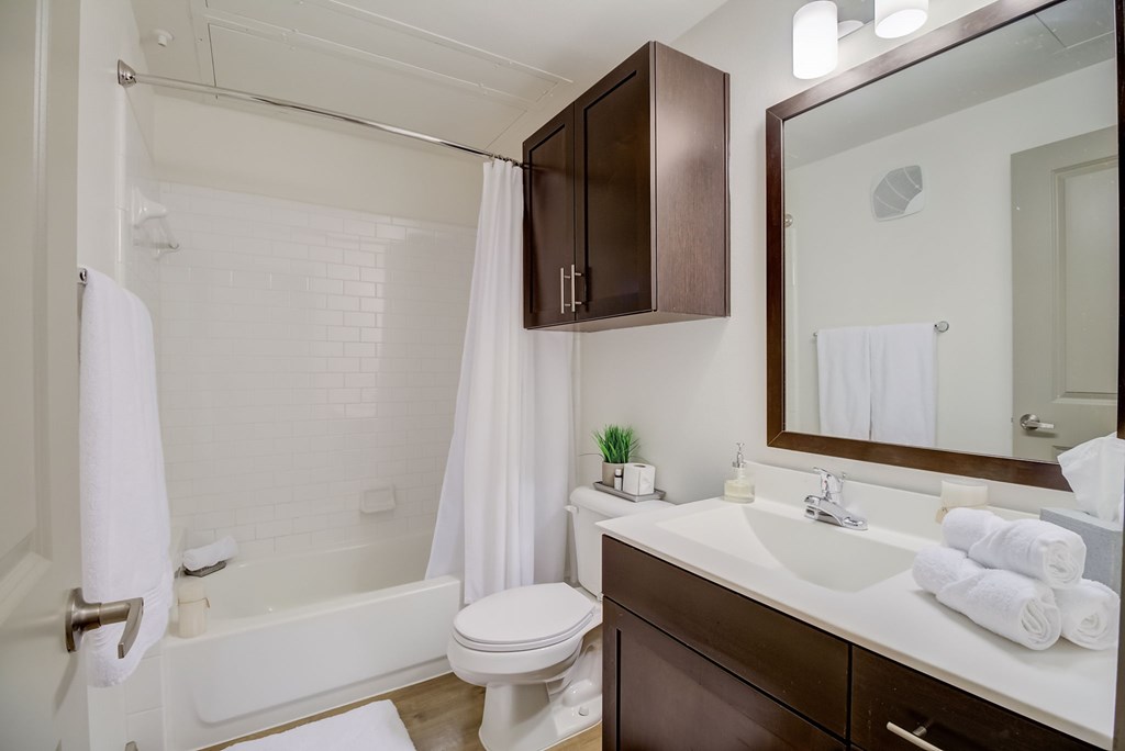 a bathroom with a toilet sink mirror and bathtub