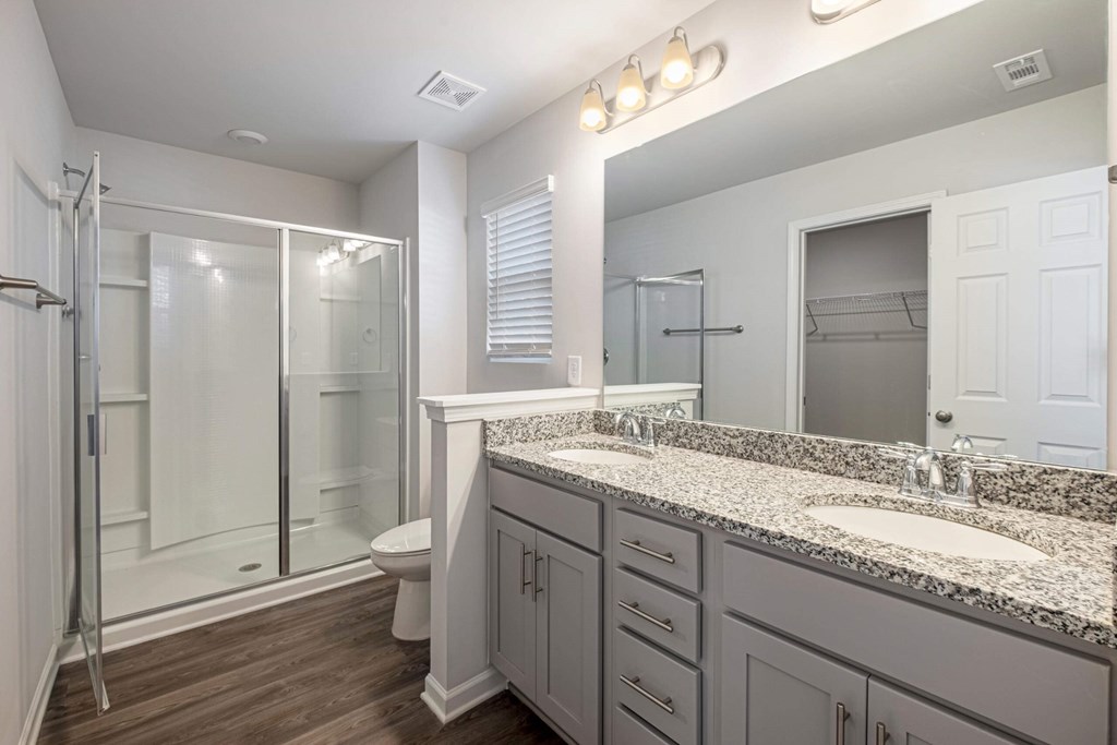 a bathroom with two sinks and a shower and a toilet