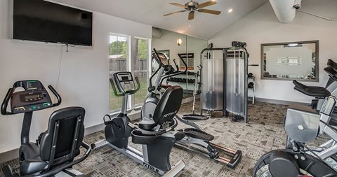a gym with various exercise machines and a tv